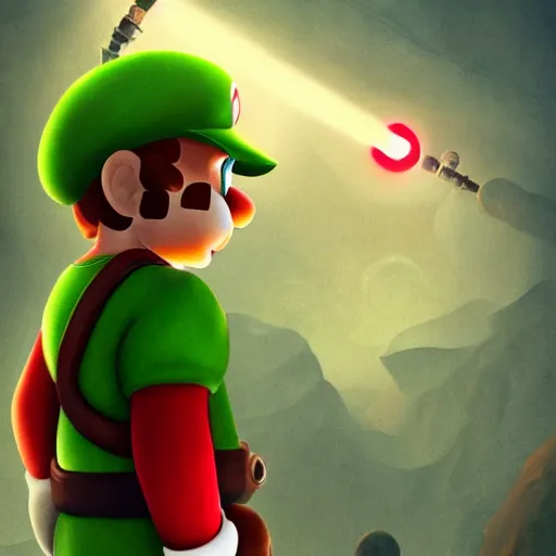 Prompt: professional fantasy art of new mario brother in green overalls, long thin drooping dangling mustache, very sad face, looking at viewer, professional art, dnd, fantasy art, red moon, matte painting, zdislaw beksinski, volumetric lighting, unreal engine 5, very detailed art