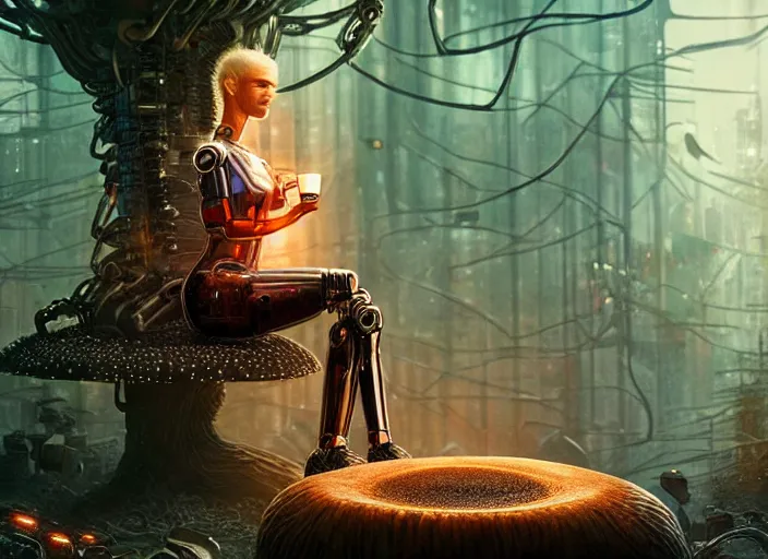 Image similar to photo of an intricate and sophisticated terminator woman with borg enhancements, blonde hair and detailed pretty face sitting on a giant mushroom in a weird magical mechanical forest and drinking a cup of tea. Very detailed 8k. Fantasy cyberpunk horror. Sharp.