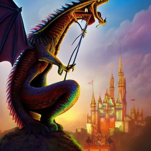 Image similar to dragon, artwork, ciberpunk, tower, clock, night, digital art, realistic, 8 k, hd, disney, ice cream, sad