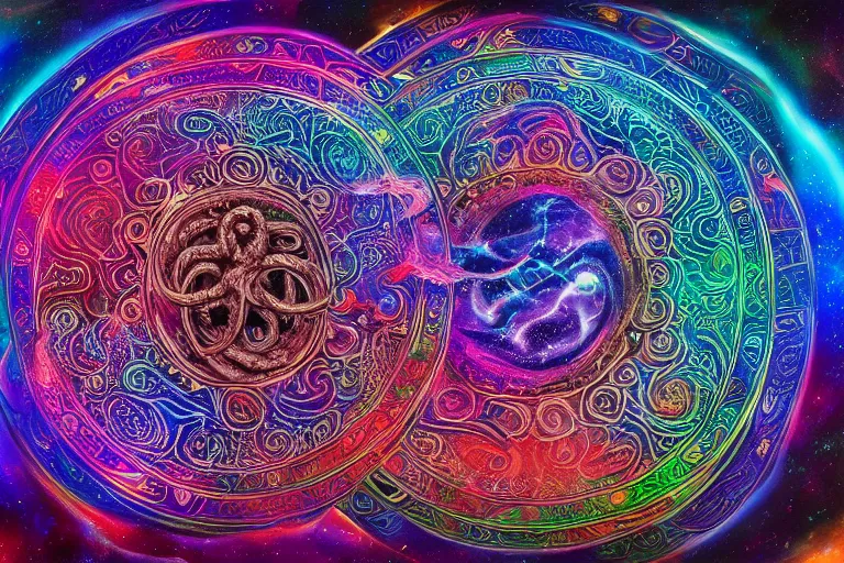 Image similar to a intricate mandala of peace signs with deep and intricate rune carvings and twisting lovecraftian tentacles emerging from a space nebula by dan mumford, twirling smoke trails, a twisting vortex of dying galaxies, collapsing stars, digital art, photorealistic, vivid colors, highly detailed, intricate