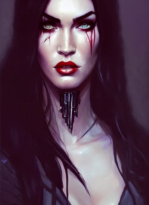 Image similar to portrait of megan fox as a evil vampire queen, bloody tears, jewelry, greek, dark, intricate, headshot, key visual, conceptart, ambient lighting, highly detailed, digital painting, artstation, concept art, sharp focus, by makoto shinkai and akihiko yoshida and greg manchess