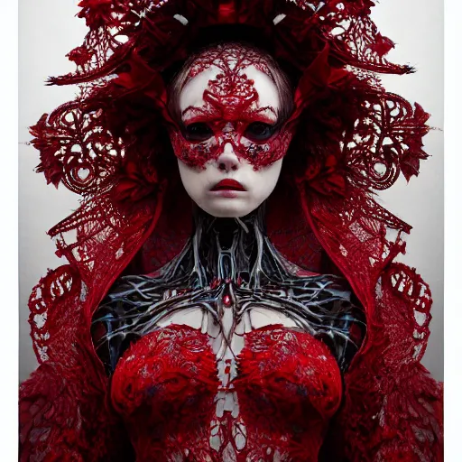 Image similar to a female model by stefan geselle and nekro borja, photorealistic, biomechanical, red lace, intricate details, hyper realistic, ornate headpiece, dark beauty, photorealistic, canon r 3, photography, wide shot, photography, dark beauty, symmetrical features