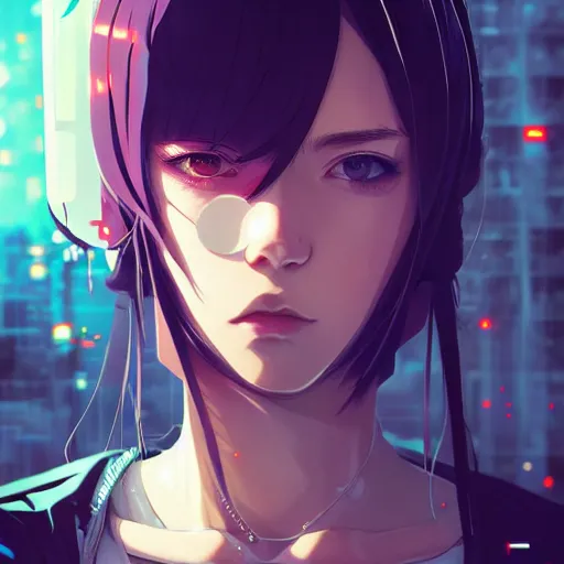 Image similar to by kyoto animation, cool girl wearing cyberpunk intricate streetwear, beautiful, detailed symmetrical close up portrait, intricate complexity, in the style of artgerm and ilya kuvshinov, cell shaded, 4 k, concept art, by wlop, krenz cushart, greg rutkowski, pixiv. cinematic dramatic atmosphere, cinematic lighting, studio quality