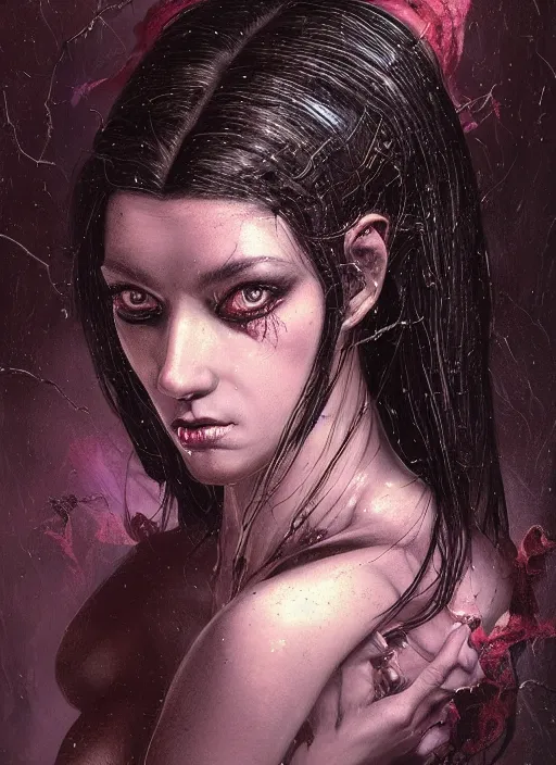 Image similar to dream portrait of a succubus in a dark ancient attic room,full character, melting ,8k,by tristan eaton,Stanley Artgermm,Tom Bagshaw,Greg Rutkowski,Carne Griffiths, Ayami Kojima, Beksinski, Giger,trending on DeviantArt,face enhance,hyper detailed,minimalist,cybernetic, android, blade runner,full of colour