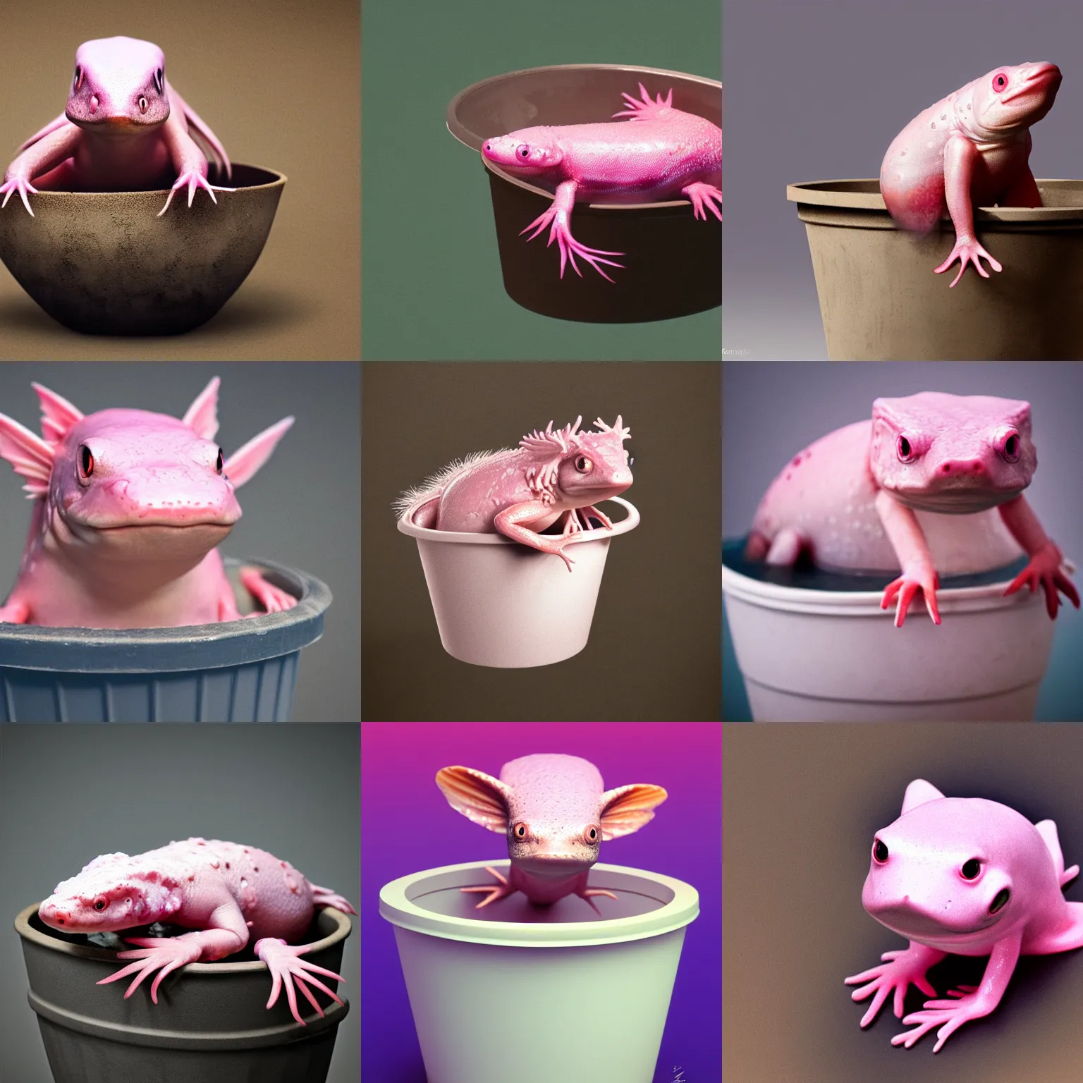 Prompt: pink axolotl sitting in a bucket, award winning art, trending on artstation, hyper realistic, photography