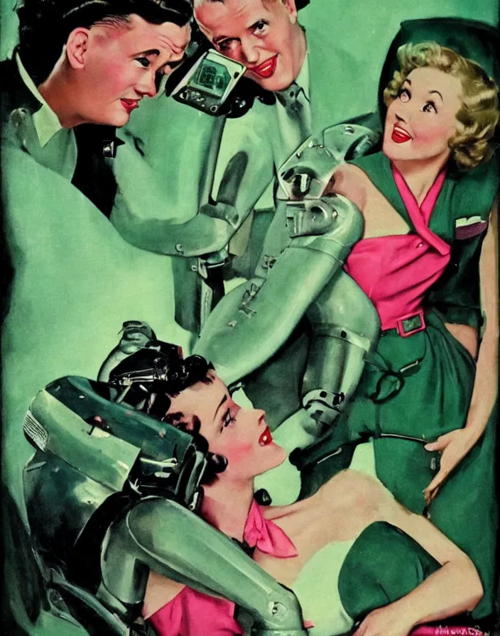 Image similar to a female housewife!!!! being hugged lovingly by a robot!!!! in a suit!!!, 1 9 5 0 s horror film movie poster style, ( norman rockwell oil painting ), close - up shot, retro science fiction, vintage, saturated pink and green lighting, shadowy lighting