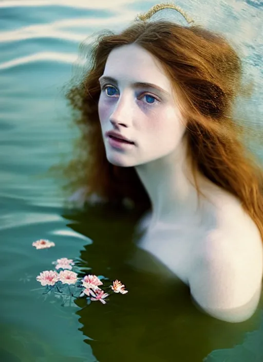 Prompt: Kodak Portra 400, 8K, soft light, volumetric lighting, highly detailed, britt marling style 3/4, portrait photography of a beautiful woman how pre-Raphaelites, half face in the water, nose eyes and mouth out of the water ,a beautiful lace dress and hair are intricate with highly detailed realistic beautiful flowers , Realistic, Refined, Highly Detailed, natural outdoor soft pastel lighting colors scheme, outdoor fine art photography, Hyper realistic, photo realistic