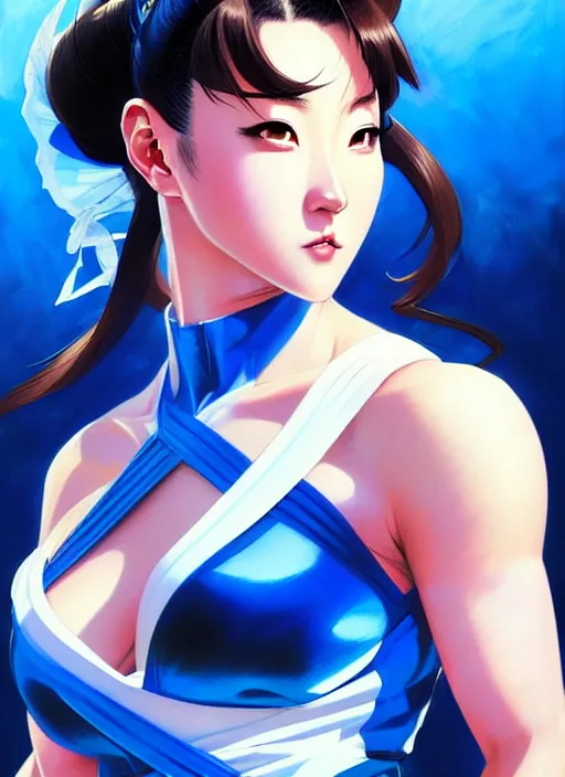 Prompt: a comic portrait of chun - li, fine - face, realistic shaded perfect face, fine details. blue - ish cosmic setting. very anime style. realistic shaded lighting poster by ilya kuvshinov katsuhiro, magali villeneuve, artgerm, jeremy lipkin and michael garmash, rob rey and kentaro miura style, trending on art station