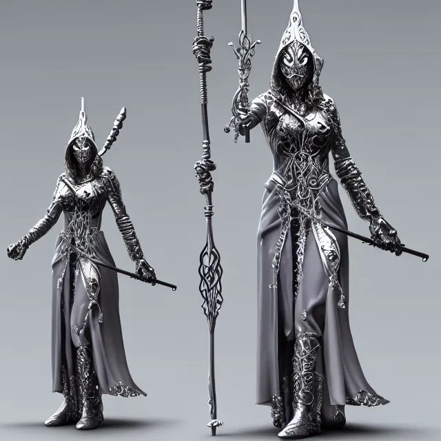 Image similar to elemental moon witch in ornate silver robes and staff, highly detailed, 8 k, hdr,, clayton crain