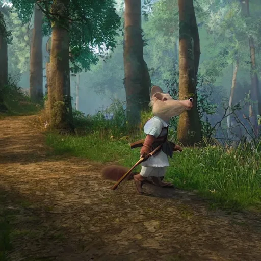 Prompt: an anthropomorphic rat dressed in medieval clothing, walking through a lush forest, studio Ghibli, kingdom come deliverance