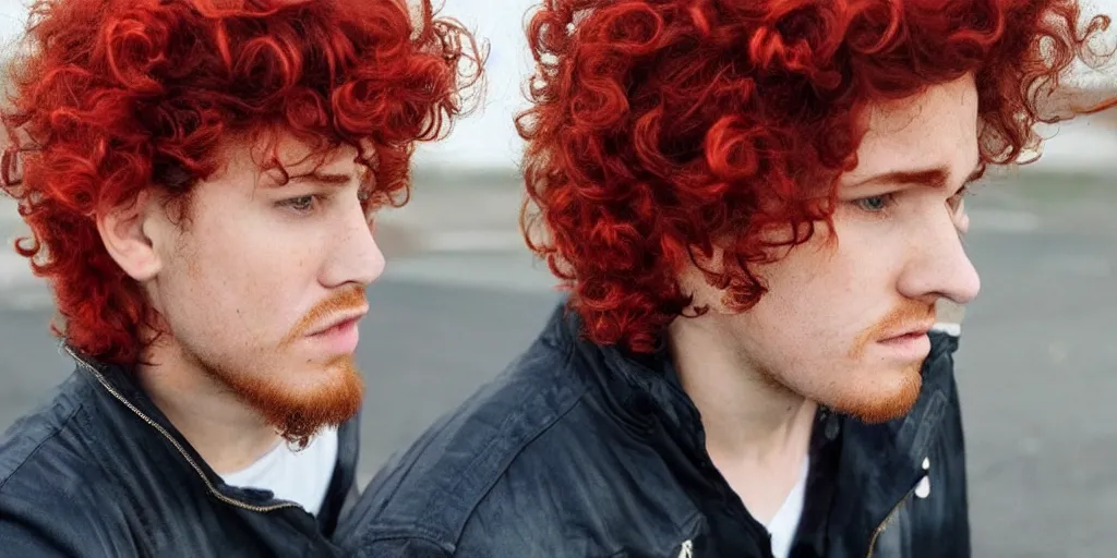 Image similar to man, man, man, man, red hair, black jacket, curly hair, fullbody, Caucasian, short hair,