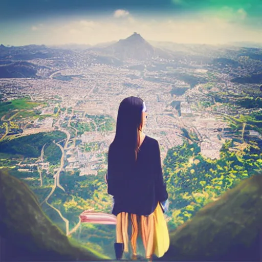 Image similar to dressed beautiful girl looking from the edge of the mountain on the giant city of cats below, highly detailed photo portrait, nostalgic, polaroid, calm