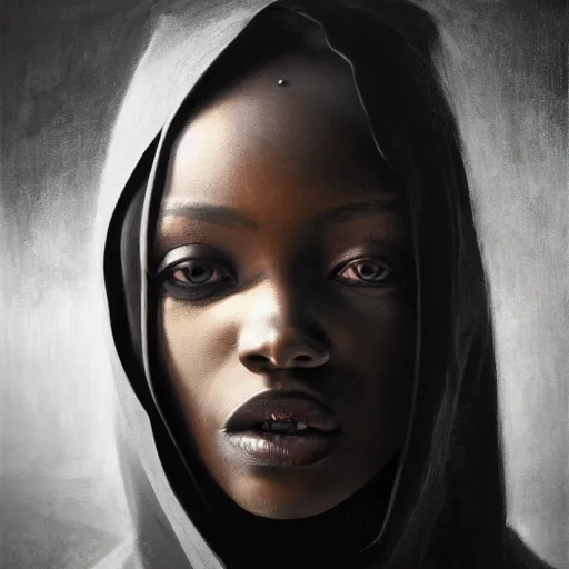 Image similar to a portrait of a young black woman wearing a long dark cloak, hood and shadows covering face, anatomically correct, beautiful perfect face, enigmatic, oil painting, matte painting, black background, Volumetric dynamic lighting, Highly Detailed, Cinematic Lighting, Unreal Engine, 8k, HD, by Beksinski