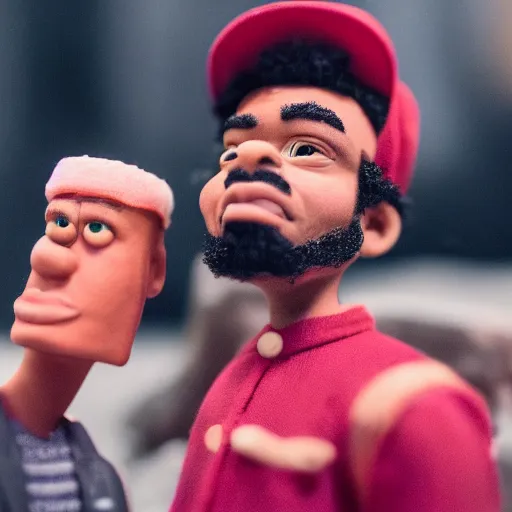 Image similar to a cinematic film still of a claymation stop motion film starring chance the rapper as a college student, shallow depth of field, 8 0 mm, f 1. 8