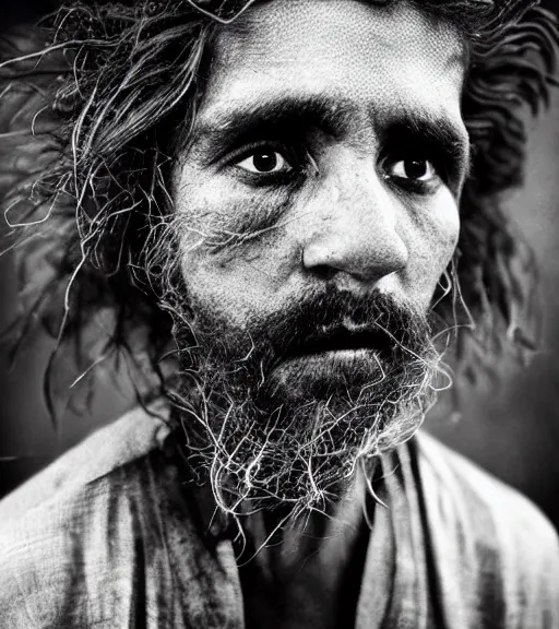 Image similar to Award winning reportage photo of Mauri Natives with incredible hair and beautiful hyper-detailed eyes wearing traditional garb by Lee Jeffries, 85mm ND 5, perfect lighting, gelatin silver process