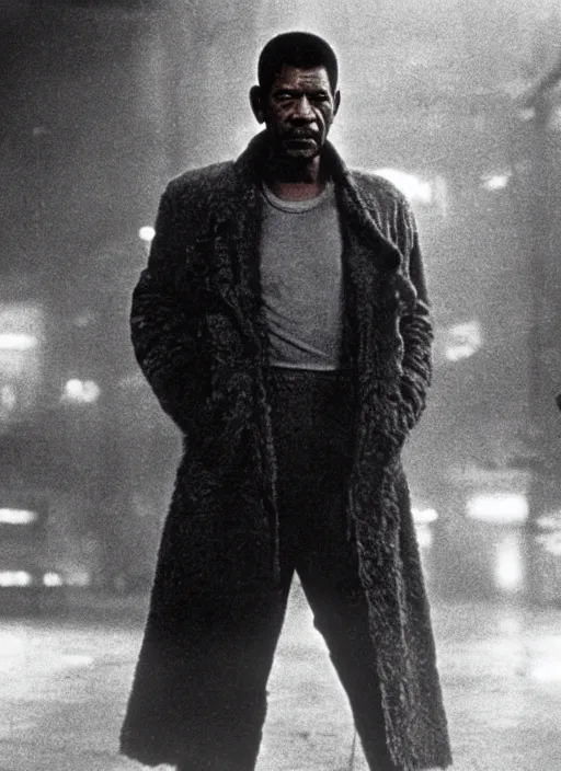 Image similar to a movie still of morgan freeman as rick deckard in blade runner