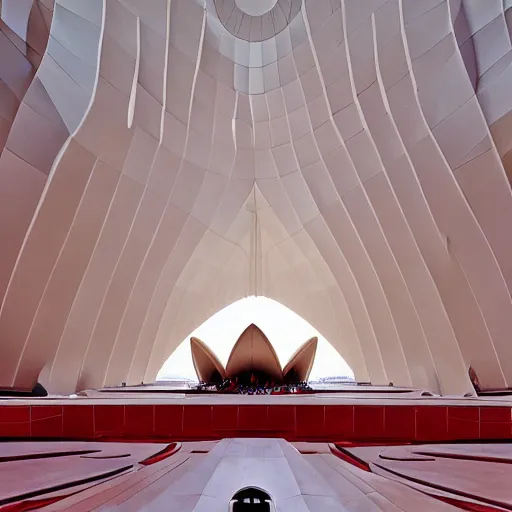 Image similar to interior of a futuristic lotus temple with gold, red and white marble panels, in the desert, by buckminster fuller and syd mead, intricate contemporary architecture, photo journalism, photography, cinematic, national geographic photoshoot