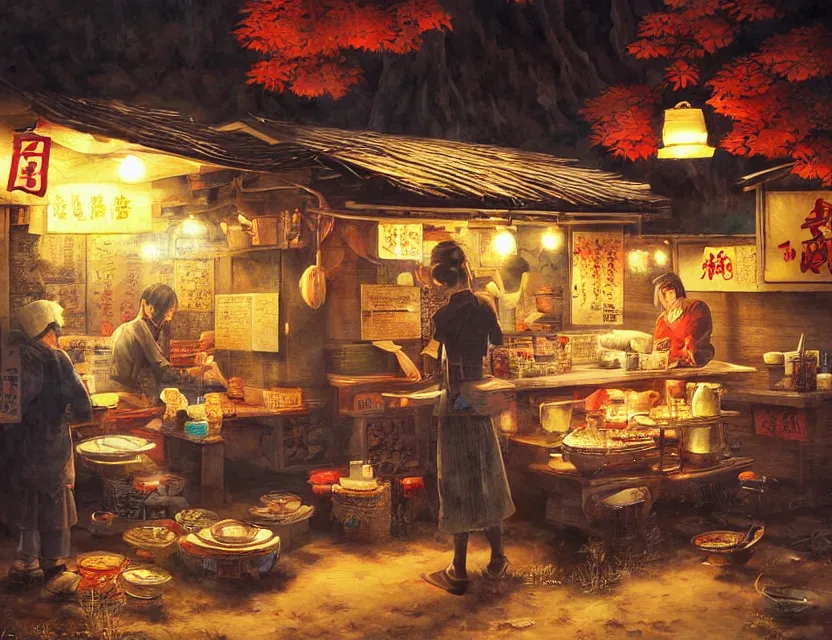 Image similar to enchanted ramen stall in the faraway mountains. this oil painting by the award - winning mangaka has a beautiful composition, great sense of depth, dramatic lighting and intricate details.