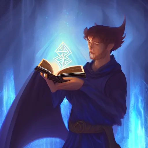 Prompt: A mage reading a spell book, as he reads the words runes float in the air. Magic, blue lighting, flux. High fantasy, digital painting, HD, 4k, detailed.