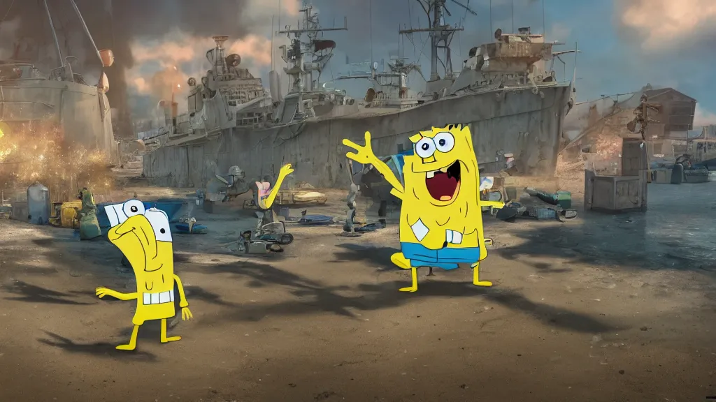 Image similar to spongebob squarepants as a navy seal, in a gun fight in an unknown third world city, wide shot, created in unreal engine 5, 3 d, hyperrealistic, rendered in octane, by yuumei, bayard wu, wlop, tim white, ross tran, 4 k