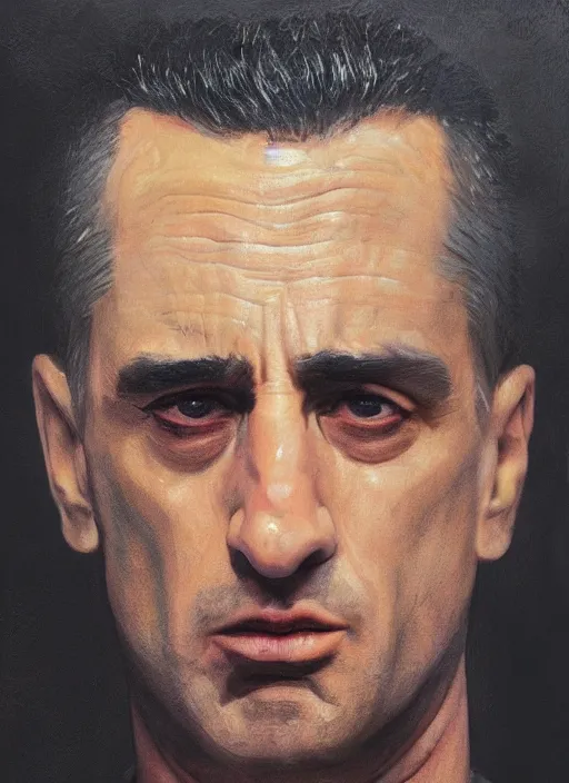 Image similar to realistic portrait of travis bickle ( robert deniro ), trending on artstation, low angle oil painting and composition laws, cinematic lighting, hyperdetailed, cgsociety, 8 k, martin scorsese cinematography, taxi driver