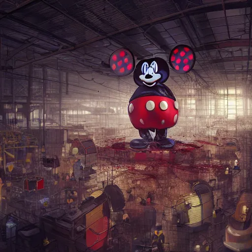 Image similar to a giant mickey mouse head, factory floor, surrounded by factory workers, octane render, cgstation, 3 d render, very detailed, mindblowing, blood and guts, gritty, cyberpunk, cinematic lighting, hyper realism