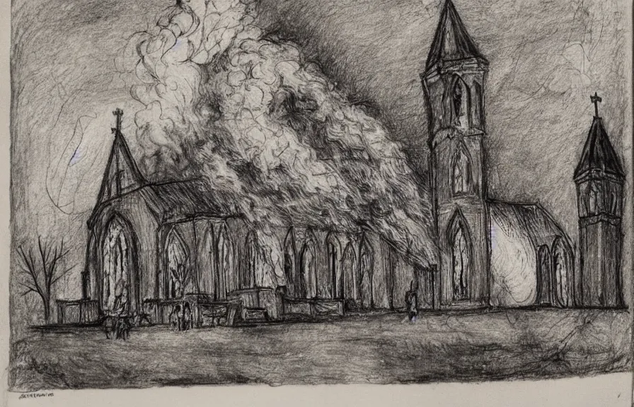 Image similar to church on fire, children drawing