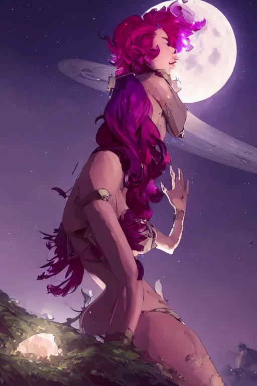 Image similar to A beautiful woman with magenta hair covering her face basking in the moonlight on an obsidian crystal bed below planets, tall tree, cinematic lighting, dramatic atmosphere, by Dustin Nguyen, Akihiko Yoshida, Greg Tocchini, Greg Rutkowski, Cliff Chiang, 4k resolution, trending on artstation