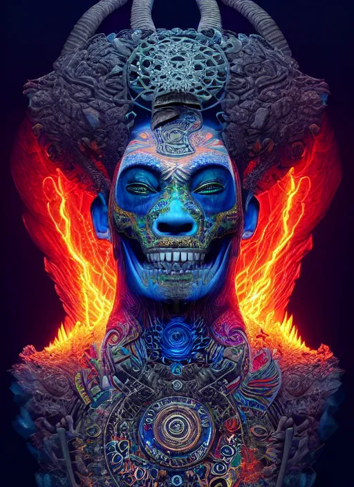 Prompt: 3 d shaman with tattoos profile portrait, sigma 5 0 0 mm f / 5. beautiful intricate highly detailed quetzalcoatl skull. bioluminescent, plasma, lava, ice, water, wind, creature, thunderstorm! artwork by tooth wu and wlop and beeple and greg rutkowski, 8 k trending on artstation