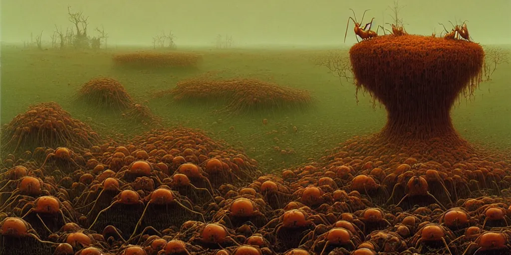 Prompt: tiny colony of red harvester ants crawling through the cavities of giant moose skulls, moose graveyard, Zdzislaw Beksinski, Wayne Barlowe, gothic, cosmic horror, dystopian, biomorphic, lovecraftian, amazing details, warm hue's