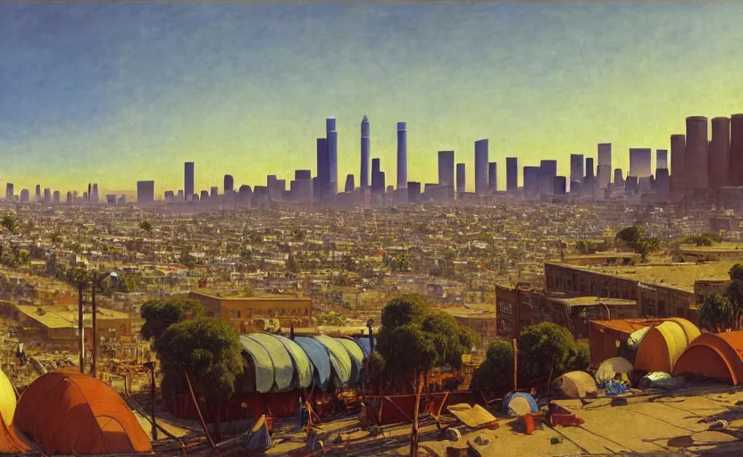 Image similar to ghibli illustrated background of strikingly beautiful skid row, los angeles, california, with strange city skyline is seen in the distance, tents, streets by vasily polenov, eugene von guerard, ivan shishkin, albert edelfelt, john singer sargent, albert bierstadt 4 k, ultra wide