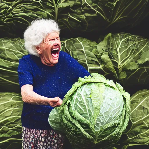 Image similar to elderly woman screaming at a cabbage, canon eos r 3, f / 1. 4, iso 2 0 0, 1 / 1 6 0 s, 8 k, raw, unedited, symmetrical balance, wide angle