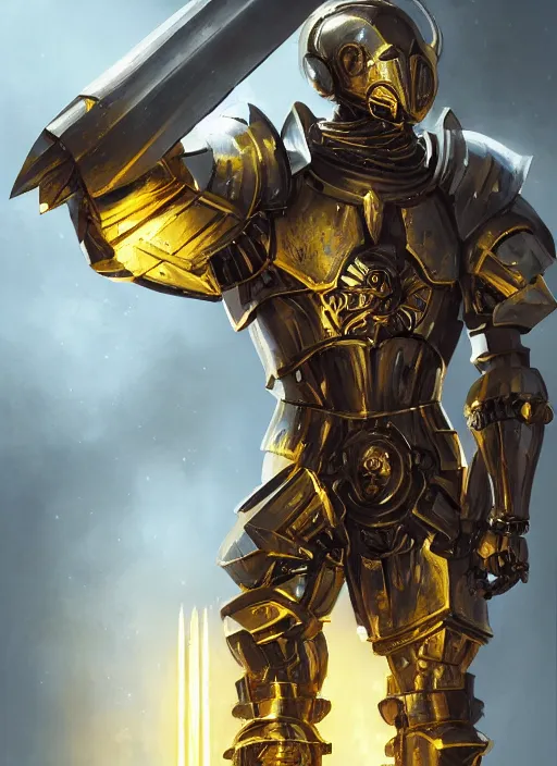 Prompt: dynamic abstract portrait of a intricate glorious holy mechanical warforged character in yellow armor holding a paladin engraved great longsword drawn and carrying a big paladin shield, spotlight from face , epic , trending on ArtStation, masterpiece, cinematic lighting, by Greg Rutkowski and by Ross Tran