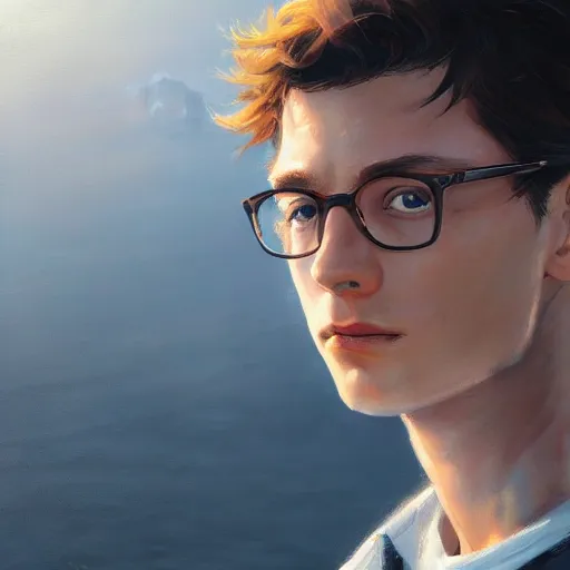 Image similar to peter parker closeup portrait, dramatic light, lake background, 2 0 0 mm focal length, painted by stanley lau, painted by greg rutkowski, painted by stanley artgerm, digital art, trending on artstation