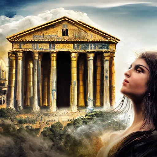 Prompt: young ancient greek woman in golden helmet, giant grey-haired bearded male face in the sky, marble pantheon palace in the sky, clouds background, epic fantasy style art, fantasy epic digital art