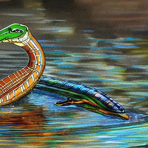 Image similar to curious indian gharial playing in the water going down a slide, artstation, colorful