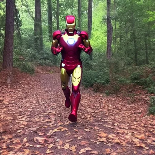 Image similar to trailcam footage of iron man running in the forest