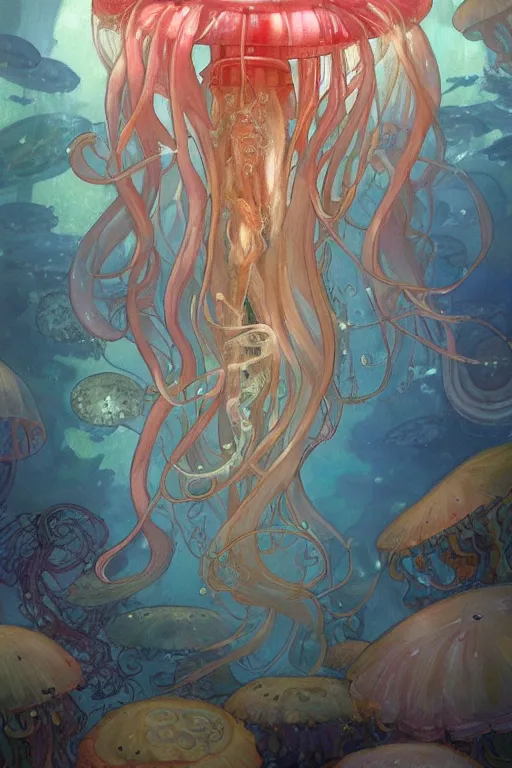 Image similar to a beautiful painting of jellyfish in a cylindrical aquarium, colorful light, shimmering and prismatic, rococo, by krenz cushart and mucha, trending on artstation.