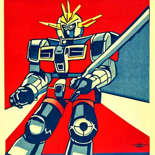 Image similar to detailed soviet propaganda poster of a gundam holding a pickaxe