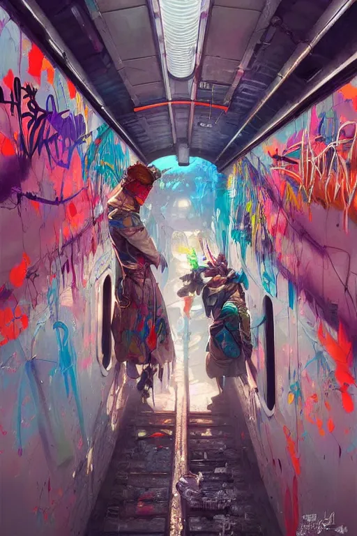 Image similar to trains covered colorful graffiti with paint drip, greg rutkowski, and moebius and loish and artgerm, painterly, illustration, backlit, beautiful artist rendering, gorgeous, masterpiece