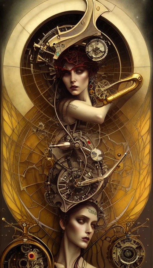 Image similar to timemachine schematics painted by tom bagshaw, mobius, mucha M. C. Escher, gold paint, ink, gnarly details