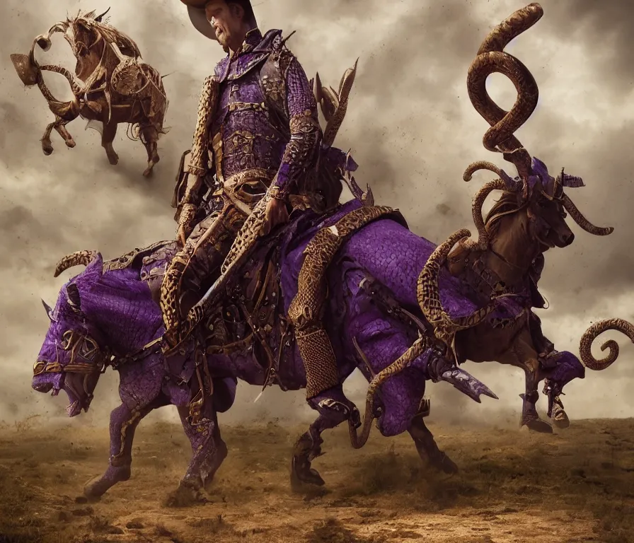 Image similar to horse with snake head and bull horns wearing purple medieval armour cowboy hat and dollar bill print cowhide snake skin texturing, by Greg Rutkowski, 8K, hyper detailed, realistic, by onesal, by sixnfive , behance 3d , studio photography DSLR, Photoreal epic composition