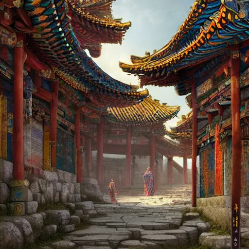Image similar to artstation concept of an ancient korean village, bright colorful, gold, hyperdetailed, artstation trending, world renowned artists, worth1000.com, historic artworks society, antique renewel, cgsociety, by greg rutkowski, by Gustave Dore, Deviantart