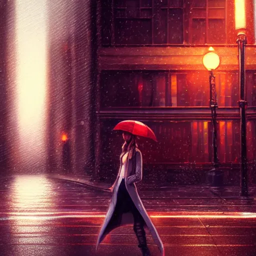 Image similar to detailed intricate digital illustration by greg rutkowski and artgerm and wlop and sanford robinson gifford ; girl standing in windy rainy city street, long exposure light streaks from car lights ; 1 3 mm film, arri alfa anamorphic lens ; sharp focus ; trending on artstation 8 k close view