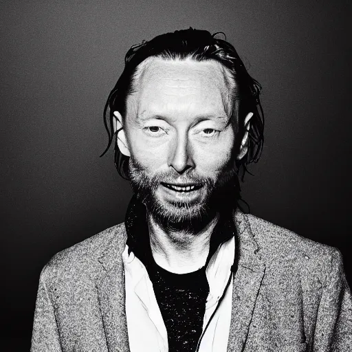 Image similar to Smiling Thom Yorke, with a beard and a black jacket, a portrait by John E. Berninger, dribble, neo-expressionism, uhd image, studio portrait, 1990s