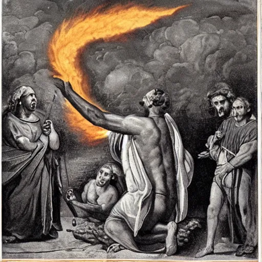 Image similar to divine fire coming to a modern man's head in his early 4 0 s