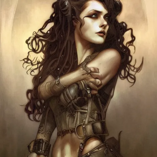 Image similar to a dieselpunk painting in the style of luis royo, and in the style of charlie bowater, and in the style of alphonse mucha. symmetry, smooth, sharp focus, semi - realism, intricate detail.