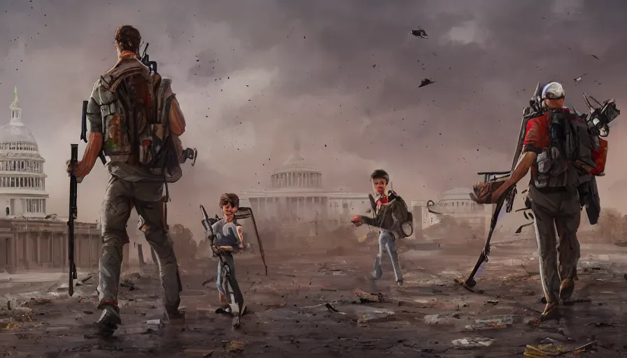 Prompt: survivor with rifle and bag pack crossing destroyed washington dc's streets with his two sons, destroyed museum, dirty streets, vegetation, wind, flying dust particles, cloudy sky, hyperdetailed, artstation, cgsociety, 8 k