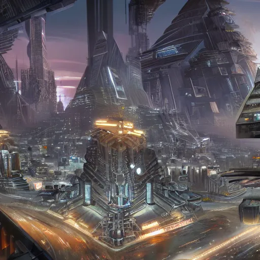 Image similar to a scene of the beautiful intricate epic futuristic city with a cyber sphinx, small hovering cyber pyramids, hyper detailed, cinematic lighting