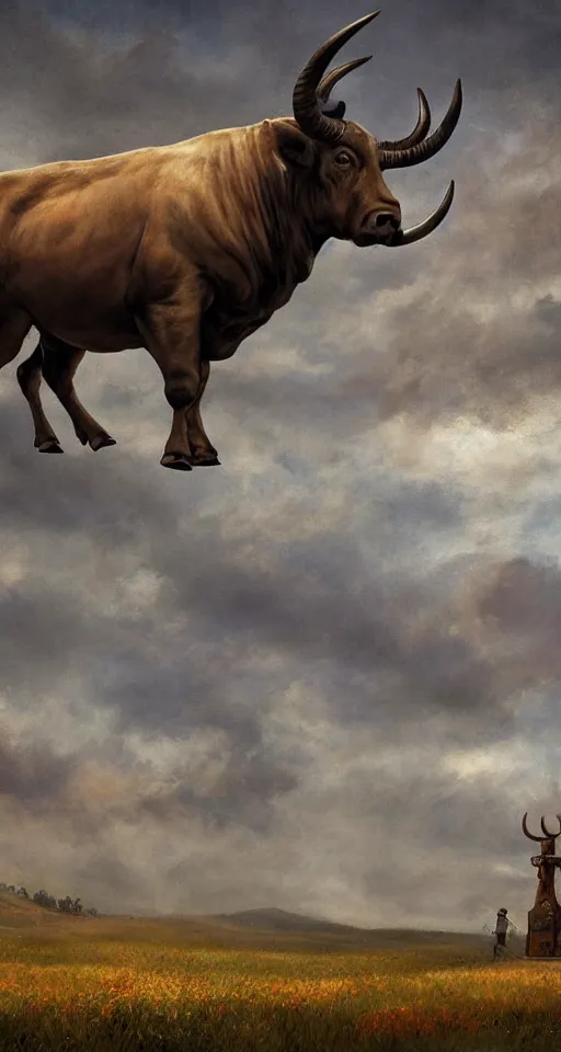 Image similar to a medium shot of a giant bull with horns decorated!!! with bells and ribbons, background is the spiral stairs heading to sky, in the steppe, autumn field, misty background, from the game pathologic 2, highly detailed, sharp focus, matte painting, by rosa bonheur, by isaac levitan and asher brown durand,